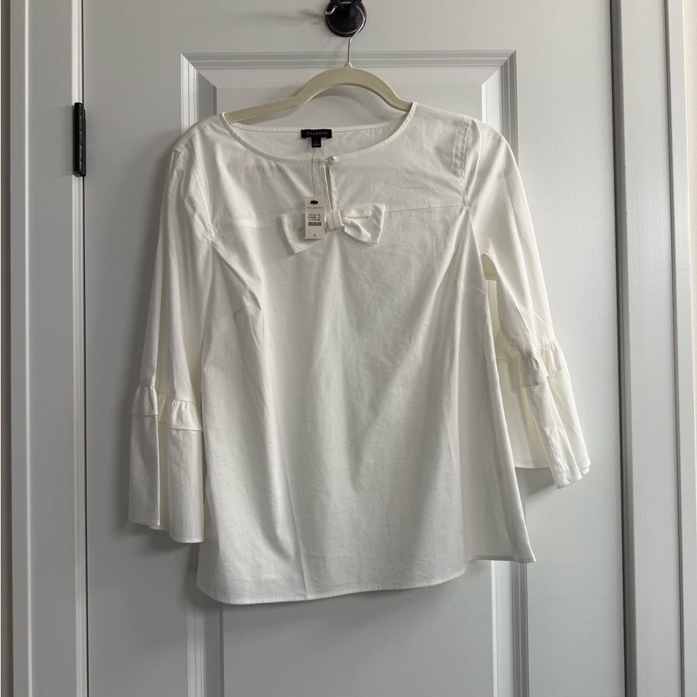 Talbots White Bow-Accent Bell Sleeve Blouse